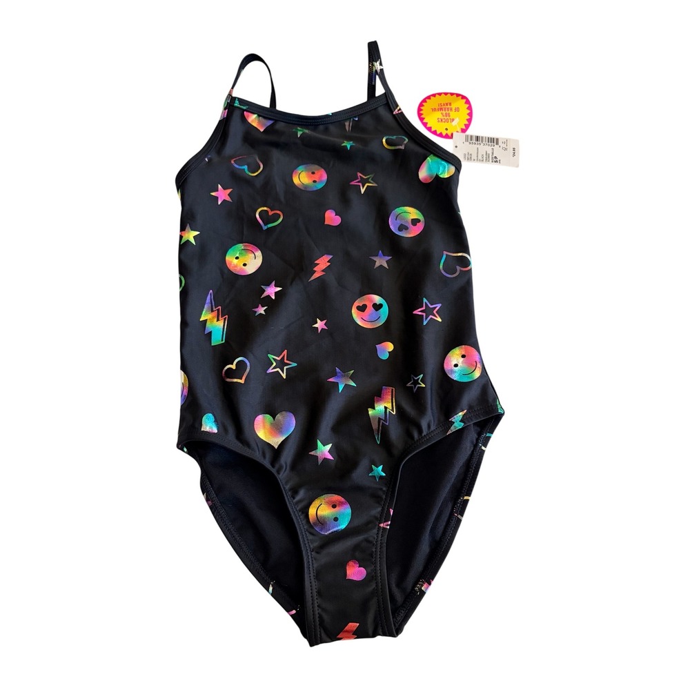 *NWT* Children's Place Girls' One-Piece Swimsuit Size 5/6 Black Shimmer Emoji